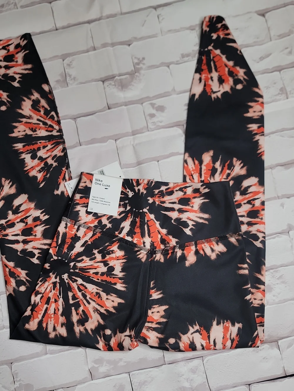 Nike Women's Black Leggings with Coral and Light Pink Tie-Dye